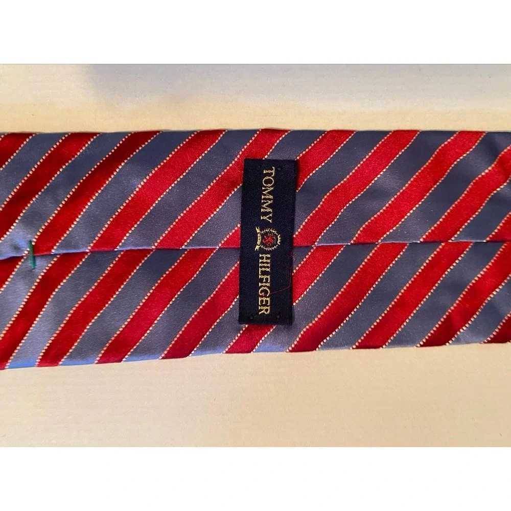 Tommy Hilfiger Mens Red Blue Striped Silk Tie Houndstooth Contrast Tip